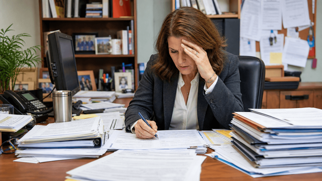 School admin stressed over tasks. 